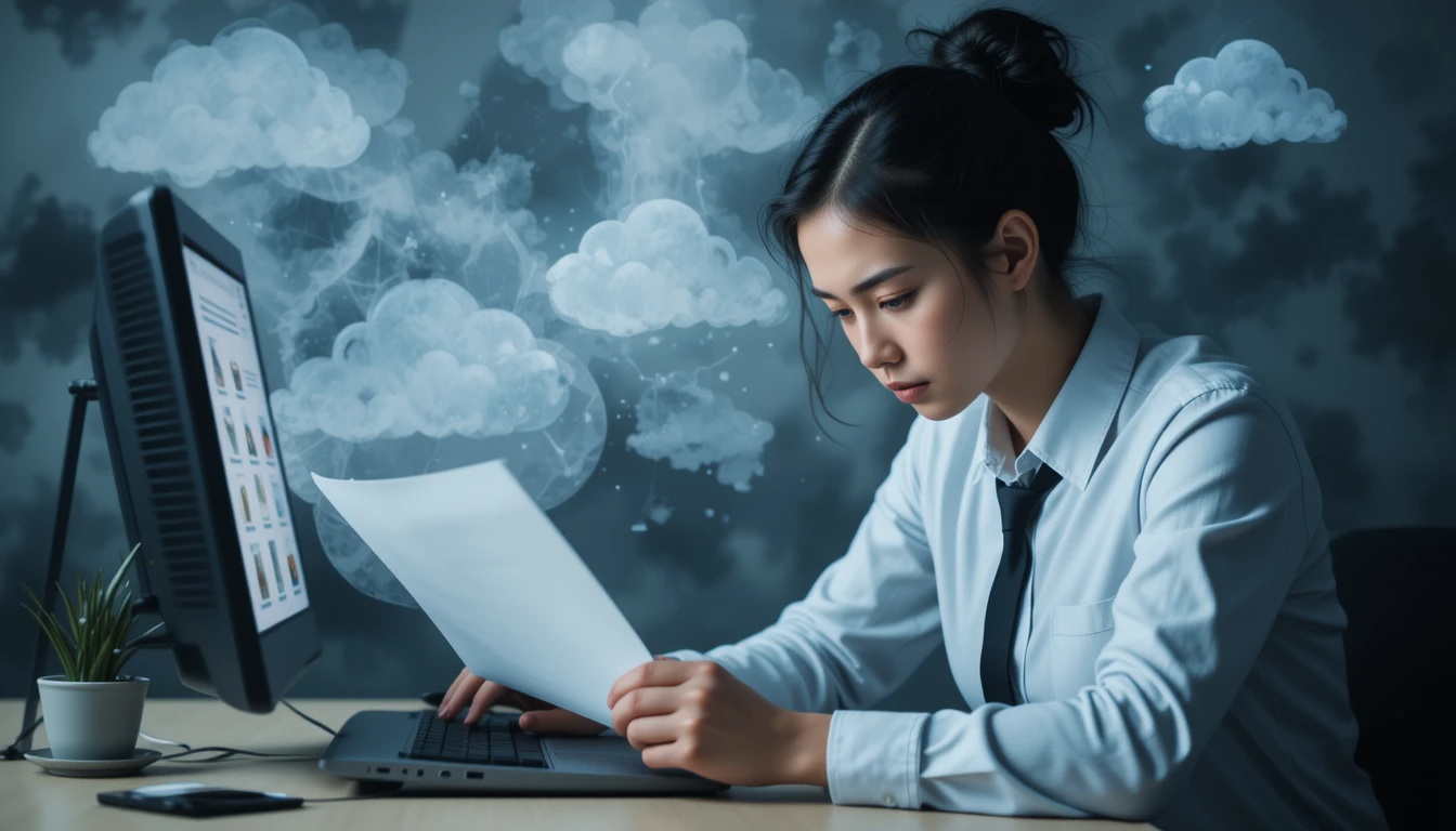 Une personne assise devant un ordinateur fermé ou tenant une lettre de licenciement, le regard perdu, entourée de symboles d’anxiété (nuage sombre, bulles vides). Ambiance douce mais introspective, tons neutres et bleu-gris.